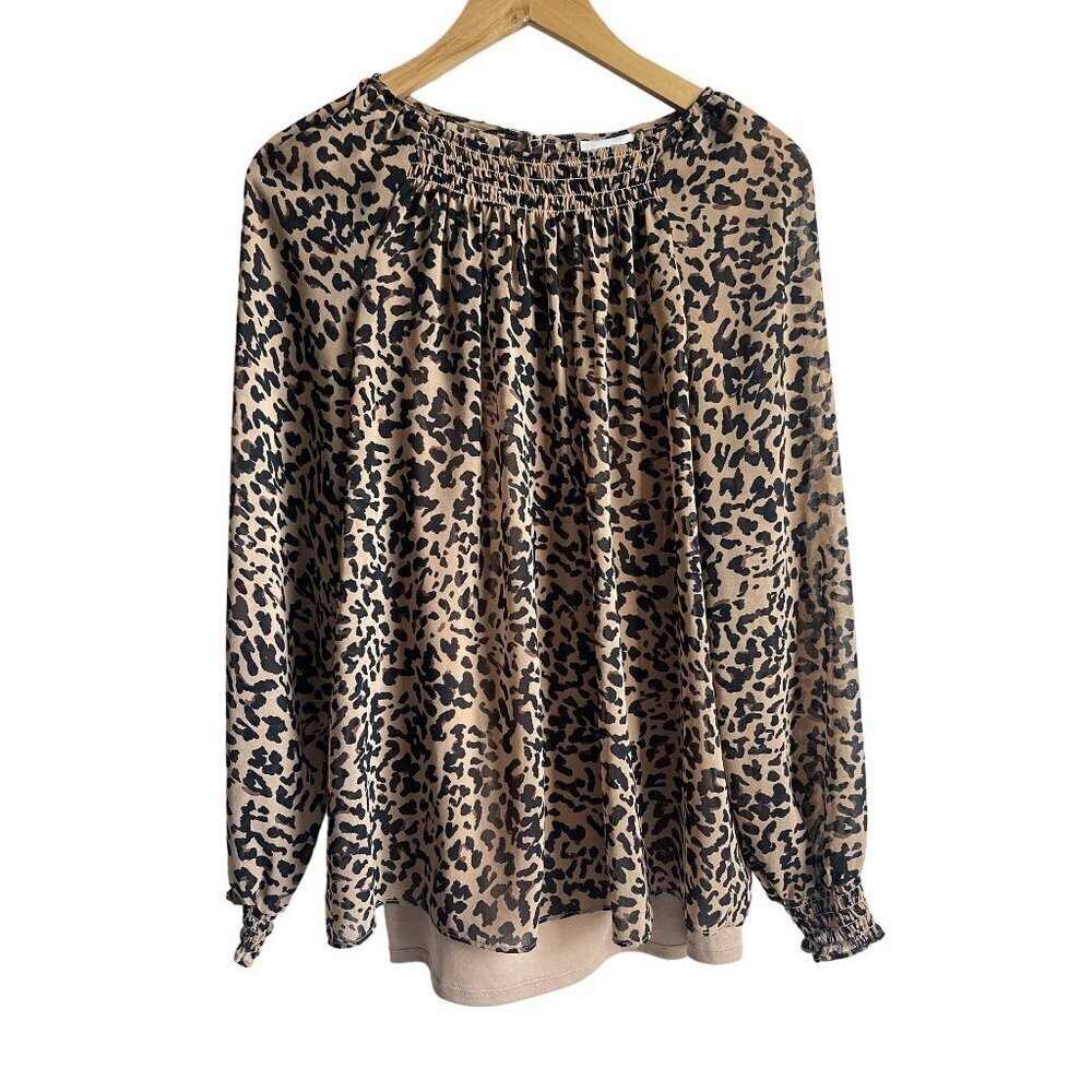 AVA & VIV Leopard Print Blouse Top Brown Black Size X Semi Sheer Long Sleeve + T